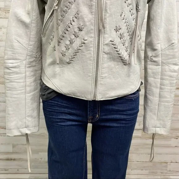 BlankNYC Moto Faux Leather Jacket Womens Size M Gray Lacing Fringe Zip Front - Picture 6 of 16